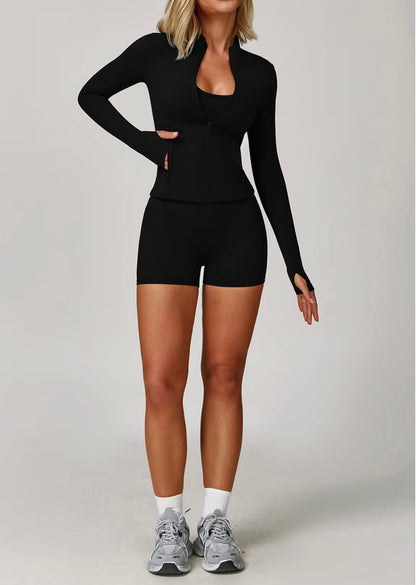 Ensemble de gymnastique 3 pièces pour femmes, veste de soutien-gorge de Yoga, taille haute, Leggings froissés, short, combinaison de sport, vêtements de Fitness