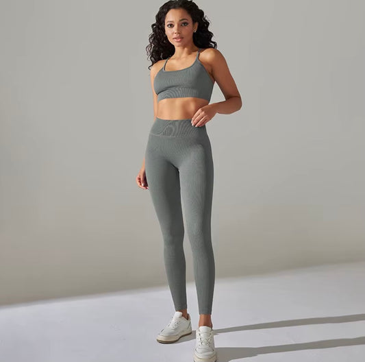Ensemble côtelé de Yoga pour femmes, vêtements de gymnastique, soutien-gorge Push Up, Leggings, tenue d'entraînement, survêtement, 2 pièces