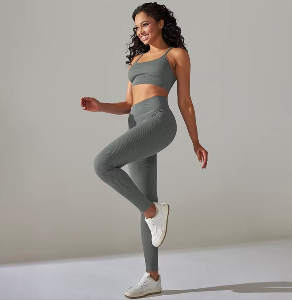 Ensemble côtelé de Yoga pour femmes, vêtements de gymnastique, soutien-gorge Push Up, Leggings, tenue d'entraînement, survêtement, 2 pièces