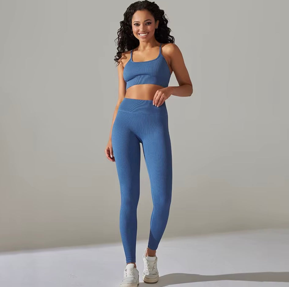 Ensemble côtelé de Yoga pour femmes, vêtements de gymnastique, soutien-gorge Push Up, Leggings, tenue d'entraînement, survêtement, 2 pièces