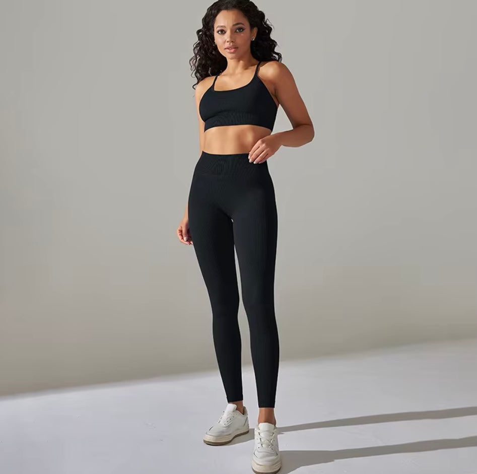 Ensemble côtelé de Yoga pour femmes, vêtements de gymnastique, soutien-gorge Push Up, Leggings, tenue d'entraînement, survêtement, 2 pièces