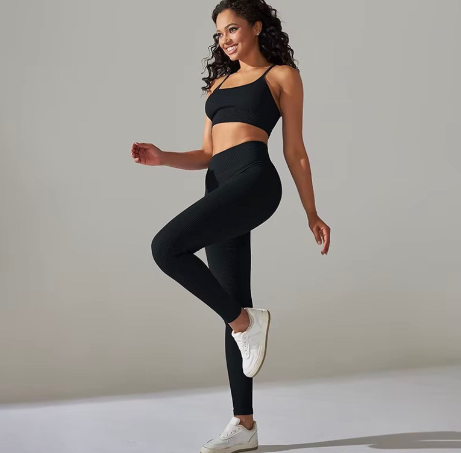Ensemble côtelé de Yoga pour femmes, vêtements de gymnastique, soutien-gorge Push Up, Leggings, tenue d'entraînement, survêtement, 2 pièces