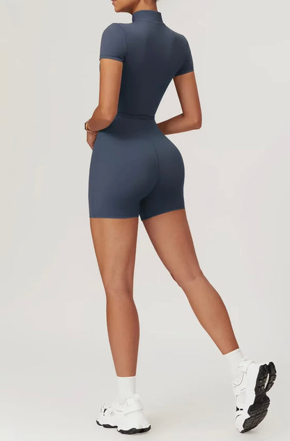 Combinaison de Yoga d'été à manches courtes avec fermeture éclair, tenue de sport, Fitness, body pour femmes, danse, course à pied, vêtements d'entraînement, costume de Yoga