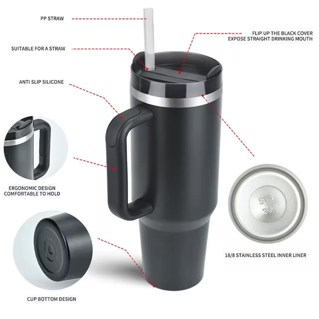 Tasse de voyage portable isolée sous vide en acier inoxydable, gobelet étanche, poignée et couvercle de