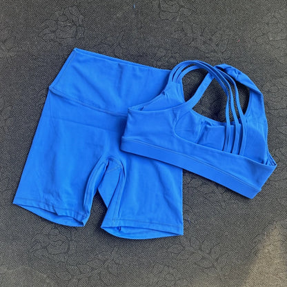 Solid Color Gym Yoga Set Short Legging Cross Back Shoulder Strap Sport Bra Tracksuit Women Suit Comprehensive Training Athletic