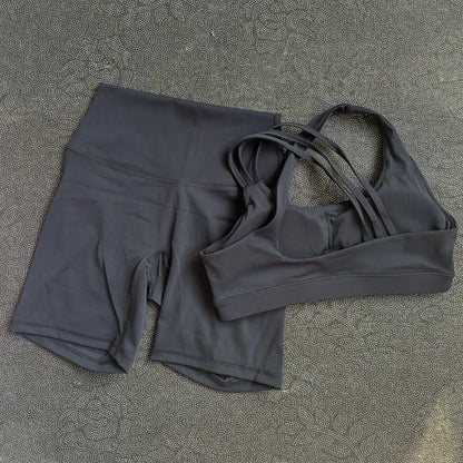 Solid Color Gym Yoga Set Short Legging Cross Back Shoulder Strap Sport Bra Tracksuit Women Suit Comprehensive Training Athletic