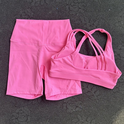 Solid Color Gym Yoga Set Short Legging Cross Back Shoulder Strap Sport Bra Tracksuit Women Suit Comprehensive Training Athletic