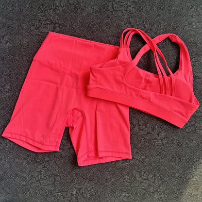 Solid Color Gym Yoga Set Short Legging Cross Back Shoulder Strap Sport Bra Tracksuit Women Suit Comprehensive Training Athletic