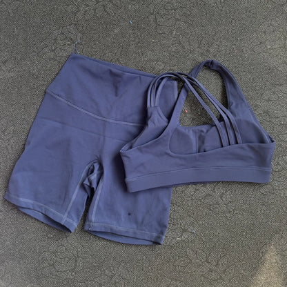 Solid Color Gym Yoga Set Short Legging Cross Back Shoulder Strap Sport Bra Tracksuit Women Suit Comprehensive Training Athletic